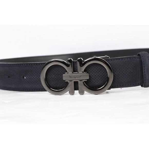 Salvatore Ferragamo Belt 120 Navy Blue Perforated Leather Gunmetal Gancini Luxe